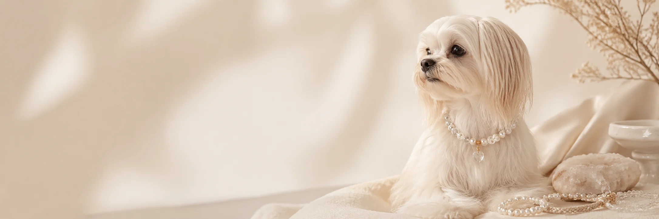 Elegant pet wearing a pearl necklace